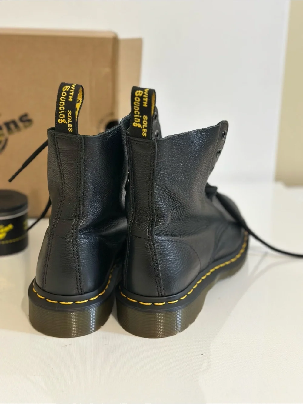 Dr. Martens Black Leather 8-Eye Boots with Yellow Stitching